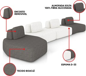 Sofá 4 Lugares Orgânico com Chaise e 3 Módulos Berlim Bouclê Grafite/Off White K01 - D'Rossi