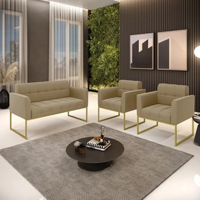 Kit 1 Sofá Namoradeira e 2 Poltronas Elisa Suede Base Metálica Industrial Dourado - D'Rossi - Marrom Rato