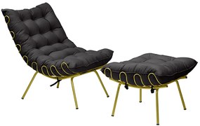Conjunto Decorativo Poltrona e Puff Abel Base de Ferro Dourada Veludo Preto G41 - Gran Belo