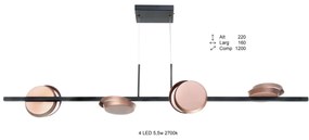 Pendente Eclipse Linear 120X16X22Cm Discos Metal Aluminio 04Xled 5,5W... (PRETO / COBRE BRILHO, 220V)