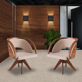 Poltrona Decorativa Giratória Sala de Estar Madeira Tauari Flor Linho Bege G65 - Gran Belo