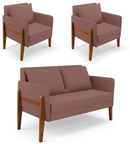 Kit 1 Sofá Namoradeira e 2 Poltronas Lana Veludo Base de Madeira - D'Rossi - Rose