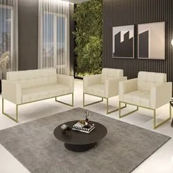 Sofá Namoradeira e 2 Poltronas Base Industrial Dourado Ana Veludo Luxo