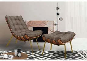 Puff Decorativo Sala de Estar Abel Base de Madeira Dourada Linho Marrom G41 - Gran Belo