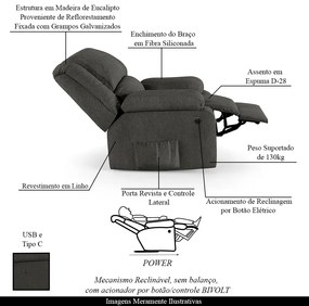 Poltrona do Papai Reclinável Sala de Cinema Madrid Power Elétrica USB Linho Chumbo  G23 - Gran Belo