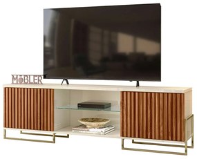 Bancada Rack Ripado 180cm Palestra Prateleira de Vidro MDP/MDF Mel/Off White G44 - Gran Belo