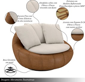 Poltrona Sala de Estar Afrodite com Almofadas Giratória Off White Caramelo Manchado Linho/PU G45 - Gran Belo