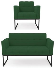 Kit 1 Sofá Namoradeira e 1 Poltrona Elisa Veludo Verde Base Metálica Industrial Preto - D'Rossi