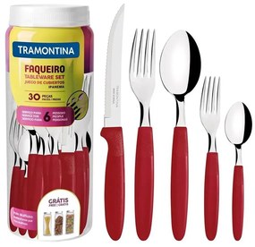Jogo Faqueiro Talheres Tramontina Ipanema Lâminas de Aço Inox e Cabos de Polipropileno Vermelho Pote Plástico 30 Peças