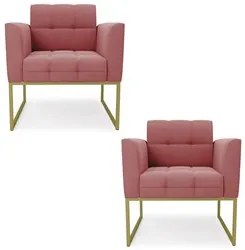 Poltrona Base Industrial Dourado Kit 2 Ana Suede Rosê - Ibiza