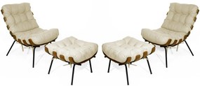 Kit 2 Poltronas Costela Com 2 Puff Costela Suede Bege