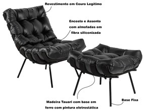 Poltrona e Puff Decorativos Sala de Estar Costela Base Preta Couro Preto G34 - Gran Belo