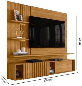 Painel TV 65 Pol 200cm Bancada Suspensa Ripado Mirellin M20 - D'Rossi - Cumaru