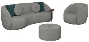 Conjunto Decorativo Sofá 240cm e Poltrona Clarke com Puff Round Veludo Cinza Claro G45 - Gran Belo