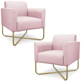 Kit 2 Poltronas Decorativas Isabella Base X Suede Rosa Bebê/Dourado G19 - Gran Belo