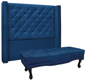 Cabeceira Cama Box Casal 140cm e Recamier Vicenza Suede S04 - D'Rossi - Azul Marinho