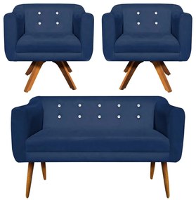 Kit 01 Namoradeira 02 Lugares e 02 Poltronas Giratória Julia Suede com Strass Base Madeira MM30 D'Rossi - Azul Marinho