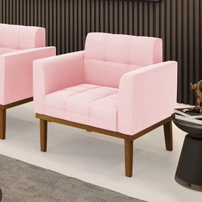 Poltrona Decorativa Karen Pés Fixo em Madeira Castanho Suede Rosa Bebê G19 - Gran Belo