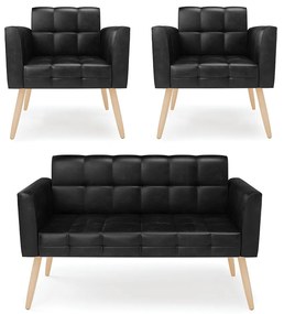 Kit 1 Sofá Namoradeira e 2 Poltronas Elisa Corano Pés Palito Natural - D'Rossi - Preto