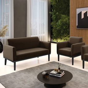 Sofá Namoradeira com Poltrona Base de Madeira Fixa Preto Marisa Suede  D03 - D'Rossi - Marrom