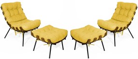 Kit 2 Poltronas Costela Com 2 Puff Costela Suede Amarela