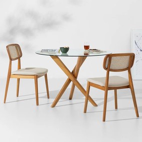 Conjunto Mesa de Jantar Thai Redonda Vidro Incolor - 1,10m + 2 Cadeiras Lótus Encosto Palha Larga - Trenddie Cru
