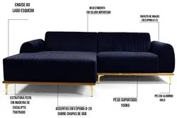 Sofá 350cm 6 Lugares com Chaise Esquerdo Pés Gold Molino C-287 Veludo