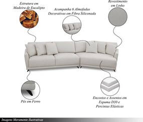 Sofá Sala de Estar Bipartido Design Moderno 310cm com Almofadas Pés de Ferro Rossi Linho Bege G93 - Gran Belo