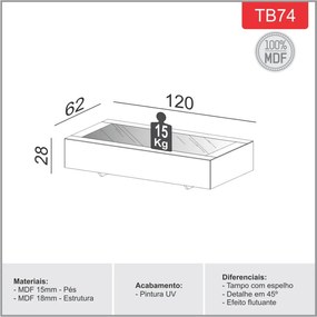 Mesa de Centro com Tampo de Vidro em MDF - Preto Brilho
