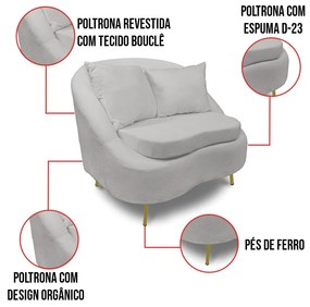 Poltrona Decorativa Orgânica Pé Ferro Dourado Zaya Bouclê C05 - D'Rossi - Cinza