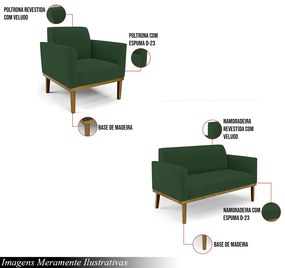 Conjunto Poltrona e Namoradeira Decorativa Isabella Pés Fixo em Madeira Castanho Veludo Verde Esmeralda G19 - Gran Belo