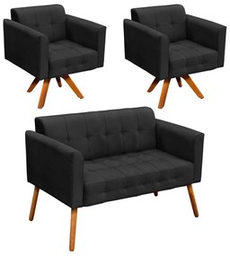 Kit 01 Namoradeira e 02 Poltronas Giratória Elisa Suede Base Madeira MM30 D'Rossi - Preto