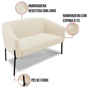 Sofá 2 Lugares Namoradeira Pé de Ferro Preto Stella Linho Bege D03 - D'Rossi