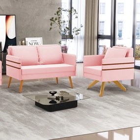 Kit 01 Namoradeira 02 Lugares e 01 Poltrona Mari Suede Base de Madeira MA30 - D'Rossi - Rosa Bebê