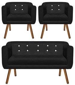 Kit 01 Namoradeira 02 Lugares e 02 Poltronas Julia Suede Preto com Strass Pés Palito Castanho D'Rossi