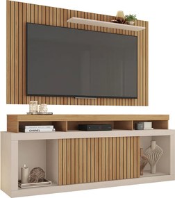 Conjunto Painel e Rack Bancada Toquio 180cm MDP Portas de correr Ripado Buriti/OffWhite G11-Gran Belo