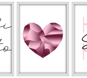 Kit 03 Quadros Decorativos "Pink Heart"  43x33 cm - D'Rossi