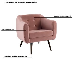 Poltrona Decorativa Sala de Estar Pés Palito Cuddle Veludo Rosa G17 - Gran Belo