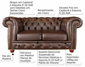 Sofá 2 Lugares Sala de Estar Chesterfield Pés Madeira Couro Tabaco Brilho G40 - Gran Belo