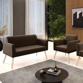 Sofá Namoradeira com Poltrona Pés Palito Natural Marisa Suede Marrom D03 - D'Rossi