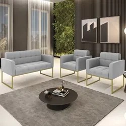 Sofá Namoradeira e 2 Poltronas Base Industrial Dourado Ana Suede Cinza