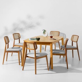 Conjunto Mesa de Jantar Lalá Retangular Carvalho Americano - 1,80mx1,00m + 6 Cadeiras Lótus Encosto Palha Larga - Trenddie Cru