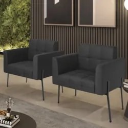 Poltrona Sala Pé Metal Preto Kit 2 Ana Sintético Preto - Ibiza