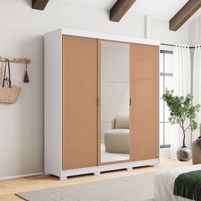 Guarda Roupa Casal Heros 3 Portas de Correr Dupla Face com Espelho MDF Branco/Terracota G98 - Gran Belo