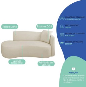 Divã Recamier Suíça Curvo Sala Recepção 150cm Lado Esquerdo Linho