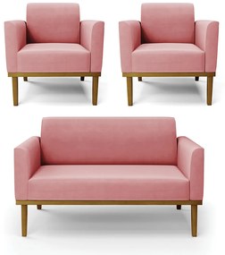 Conjunto 2 Poltronas e 1 Namoradeira Decorativa Isabella Pés Fixo em Madeira Castanho Suede Rose G19 - Gran Belo
