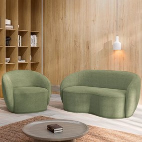 Conjunto 1 Sofá Living 160cm e 1 Poltrona Decorativa Sala de Estar Íbis Encosto Fixo Bouclê Verde G33 - Gran Belo