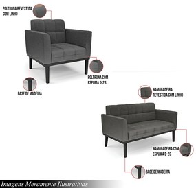 Conjunto Poltrona e Namoradeira Decorativa Karen Pés Fixo em Madeira Preto Linho Cinza Mesclado G19 - Gran Belo