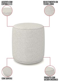 Puff Redondo Orgânico para Sala Malu Linho M11 - D'Rossi - Cinza