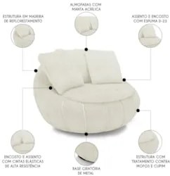 Poltrona Decorativa Redonda Giratória com Almofadas Saphire Z32 Boucle